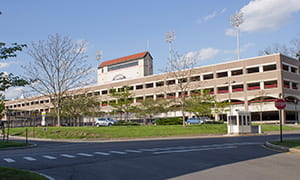 A view of the Hoy Parking Garage and Parking Information Booth. 