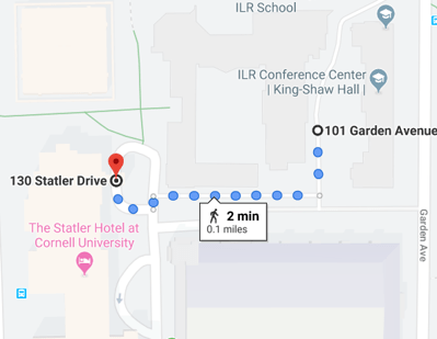 Map with path highlighted from King-Shaw Hall to the Statler Hotel