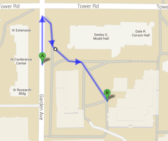 Map with path highlighted from King-Shaw Hall to the Biotechnology Building
